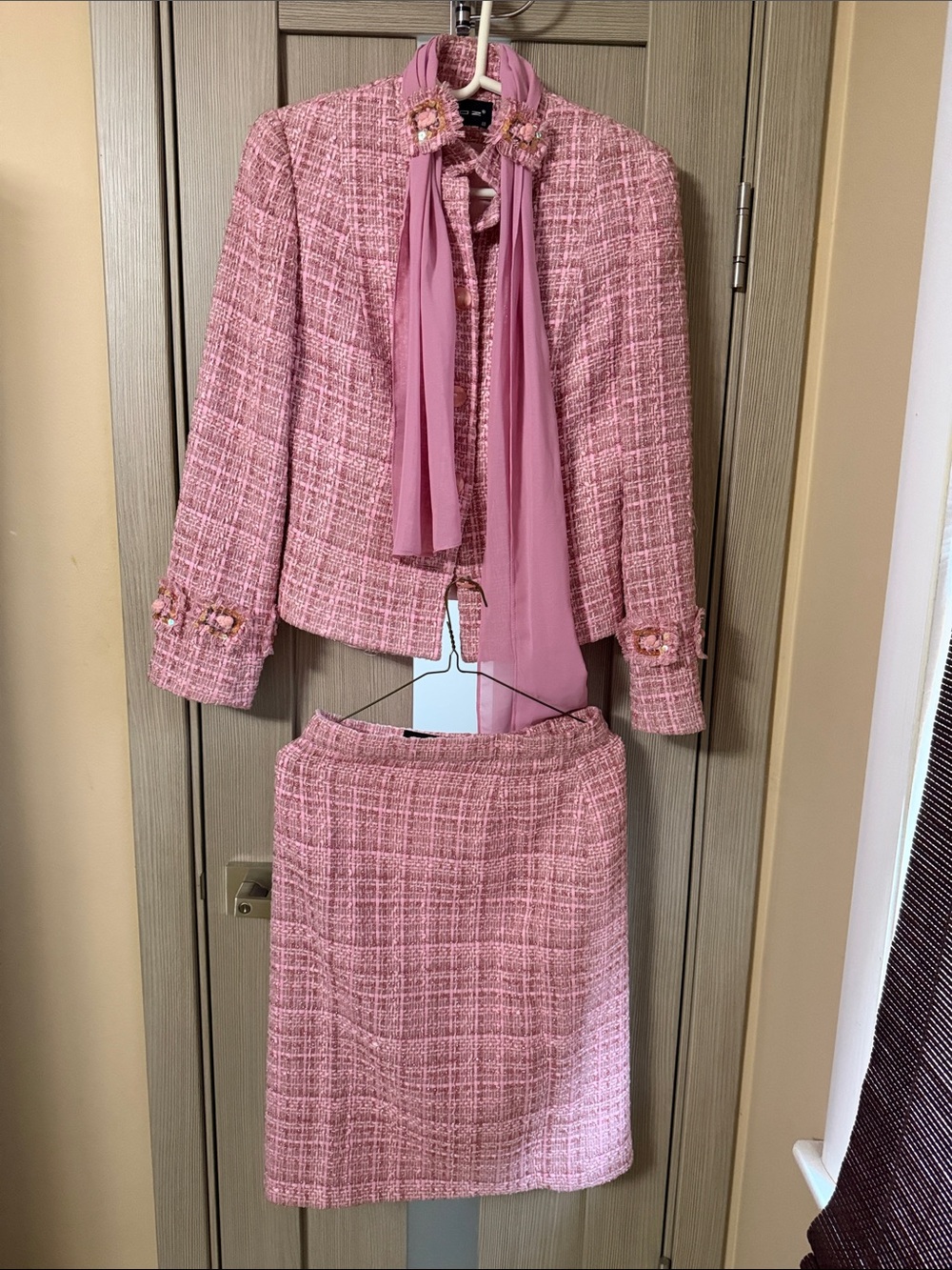 Pink Tweed Skirt Suit with Scarf Detail
